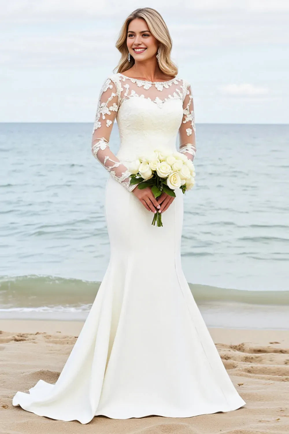 Satin Mermaid Illusion Neck Long Wedding Dress with Lace