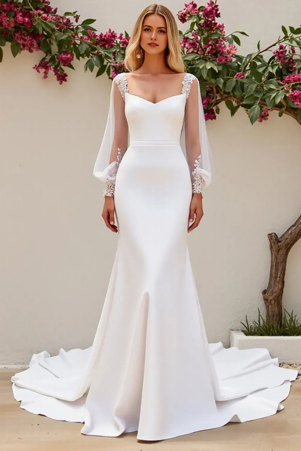 Satin Mermaid Sweep Train Wedding Dress with Long Sleeves
