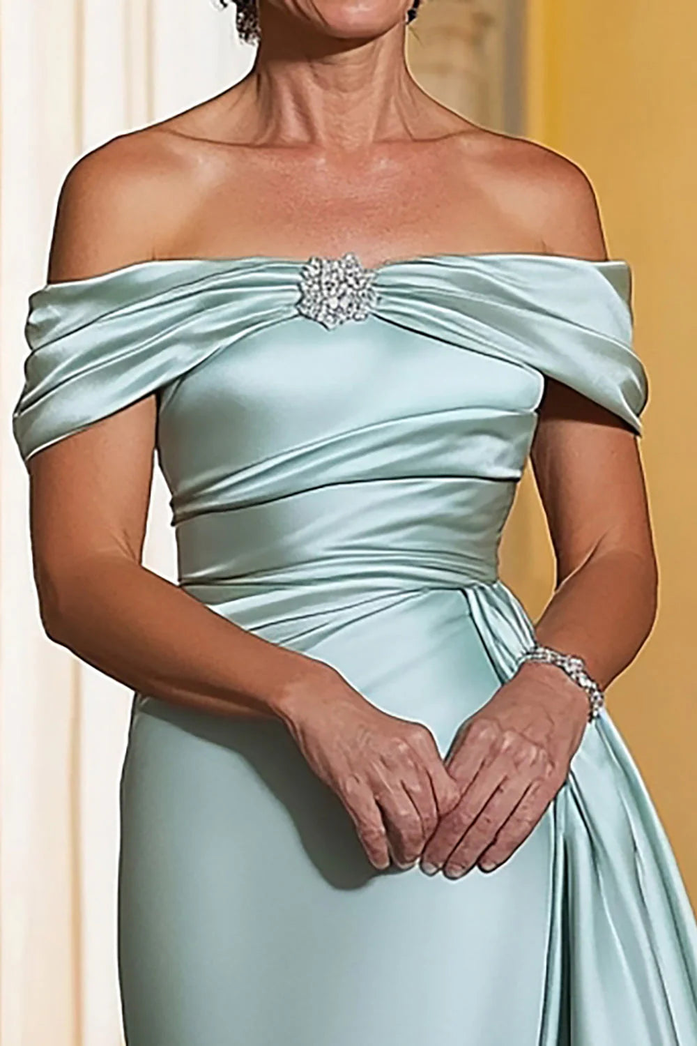 Satin Mint Sheath Off the Shoulder Long Mother of the Bride Dress