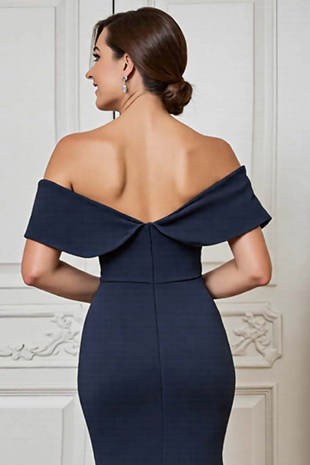 Satin Navy Off the Shoulder Long Mother of the Bride Dress with Appliques ﻿