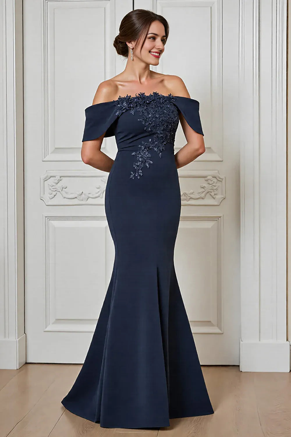 Satin Navy Off the Shoulder Long Mother of the Bride Dress with Appliques ﻿
