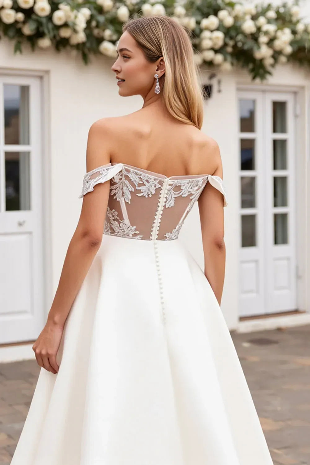 Satin Off the Shoulder Long Wedding Dress with Lace ﻿