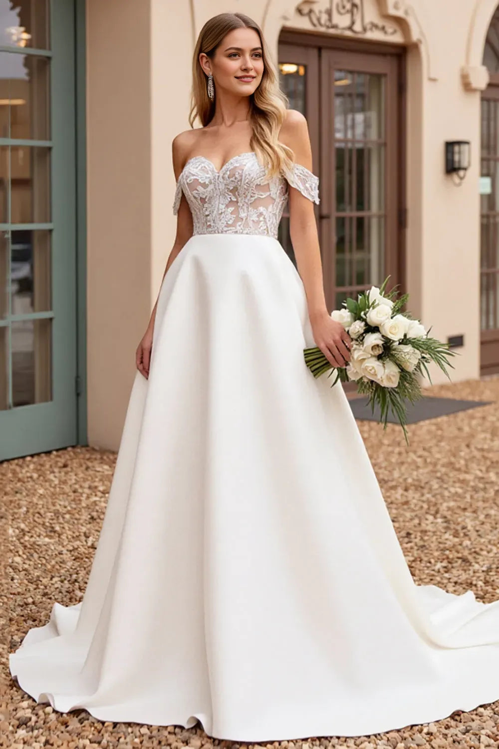 Satin Off the Shoulder Long Wedding Dress with Lace ﻿