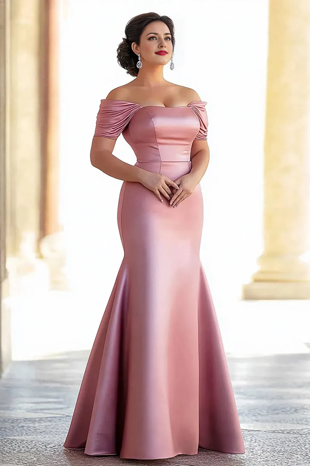 Satin Plus Size Pink Mermaid Off the Shoulder Long Mother of the Bride Dress