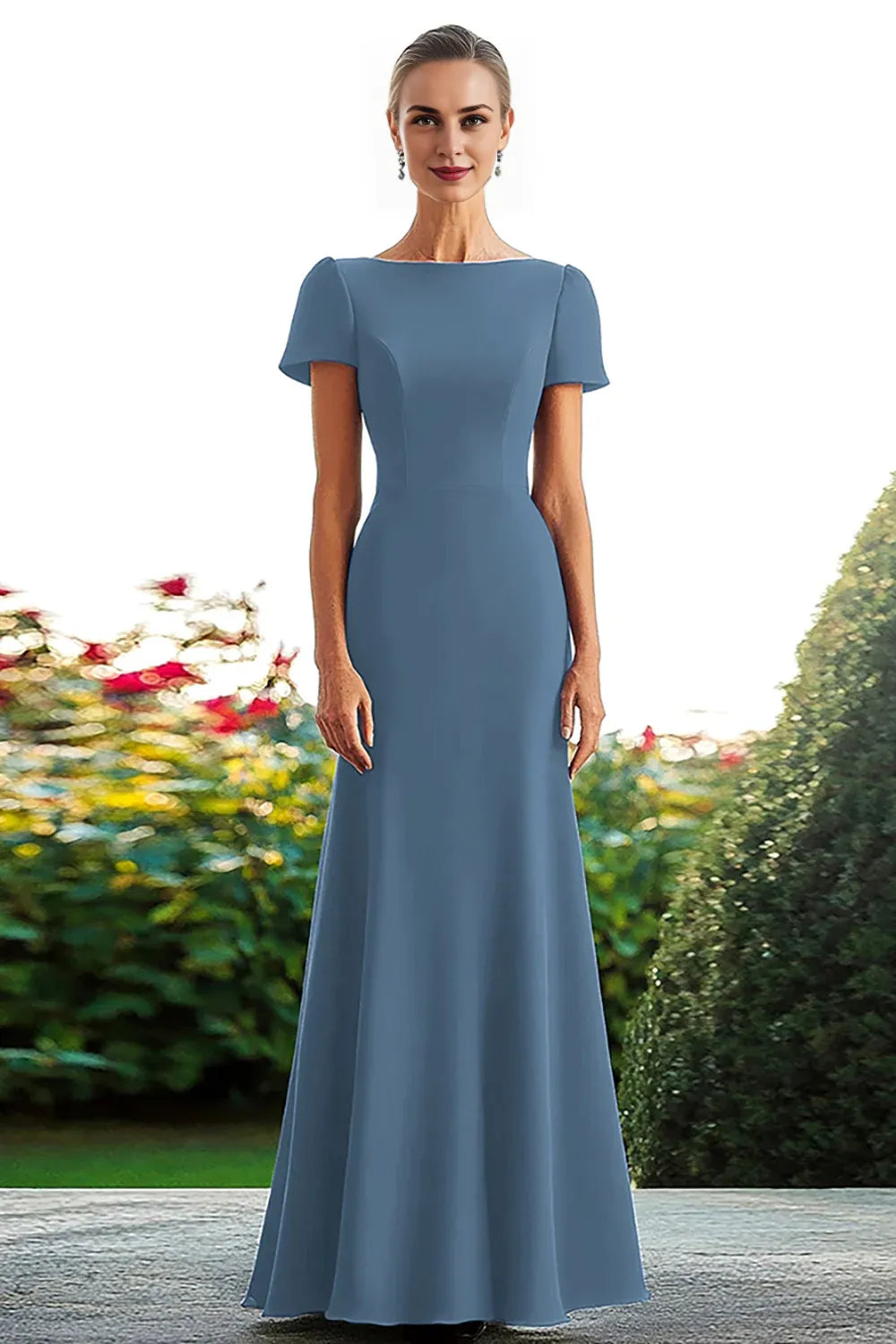 Satin Royal Blue Sheath Long Mother of the Bride Dress with Short Sleeves
