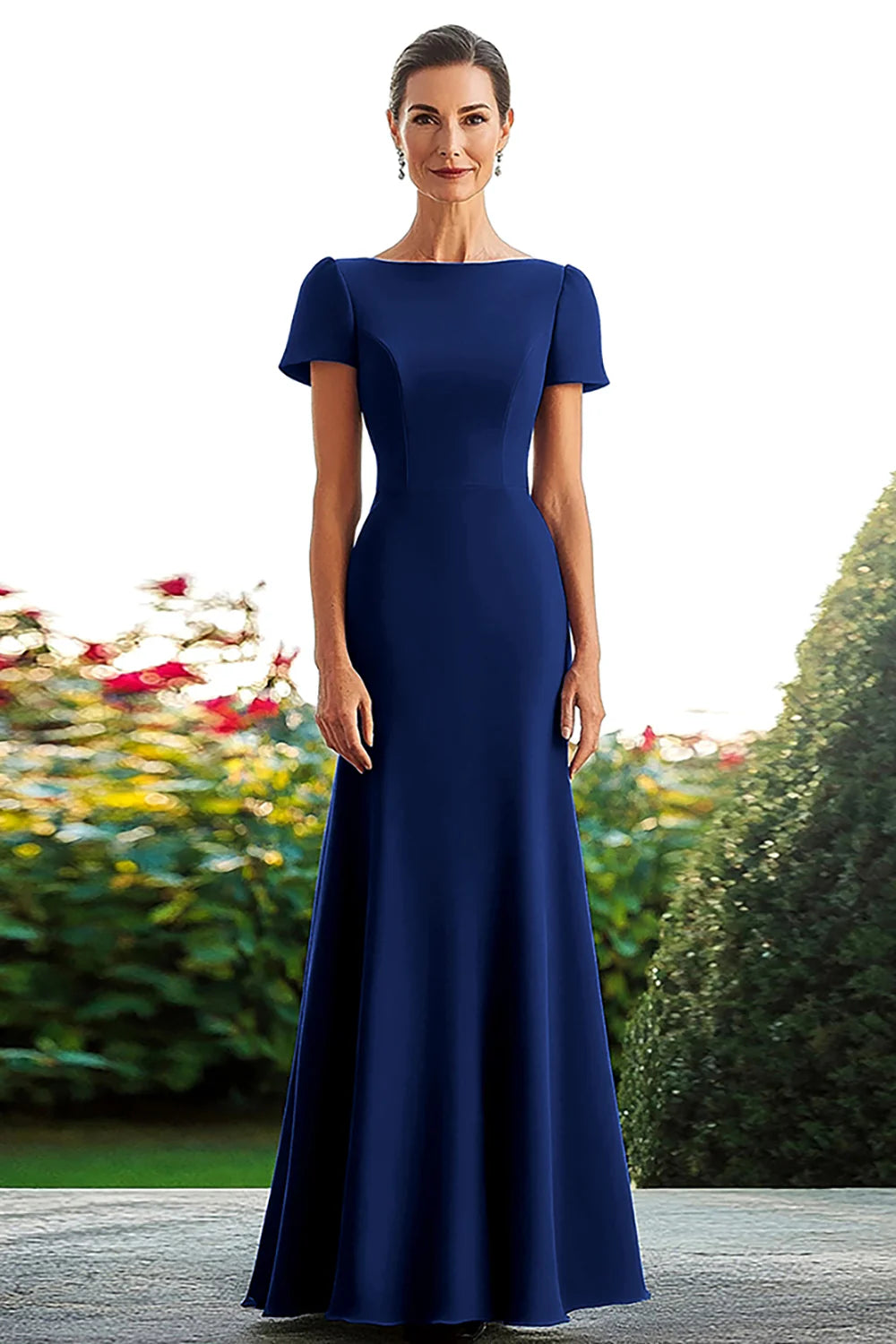 Satin Royal Blue Sheath Long Mother of the Bride Dress with Short Sleeves
