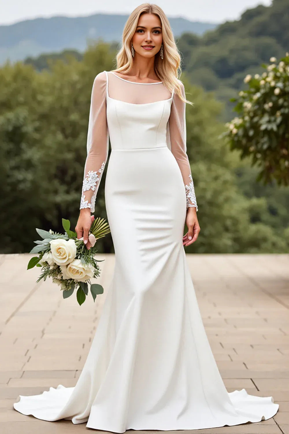 Satin Sweep Train Illusion Lace Wedding Dress with Long Sleeves