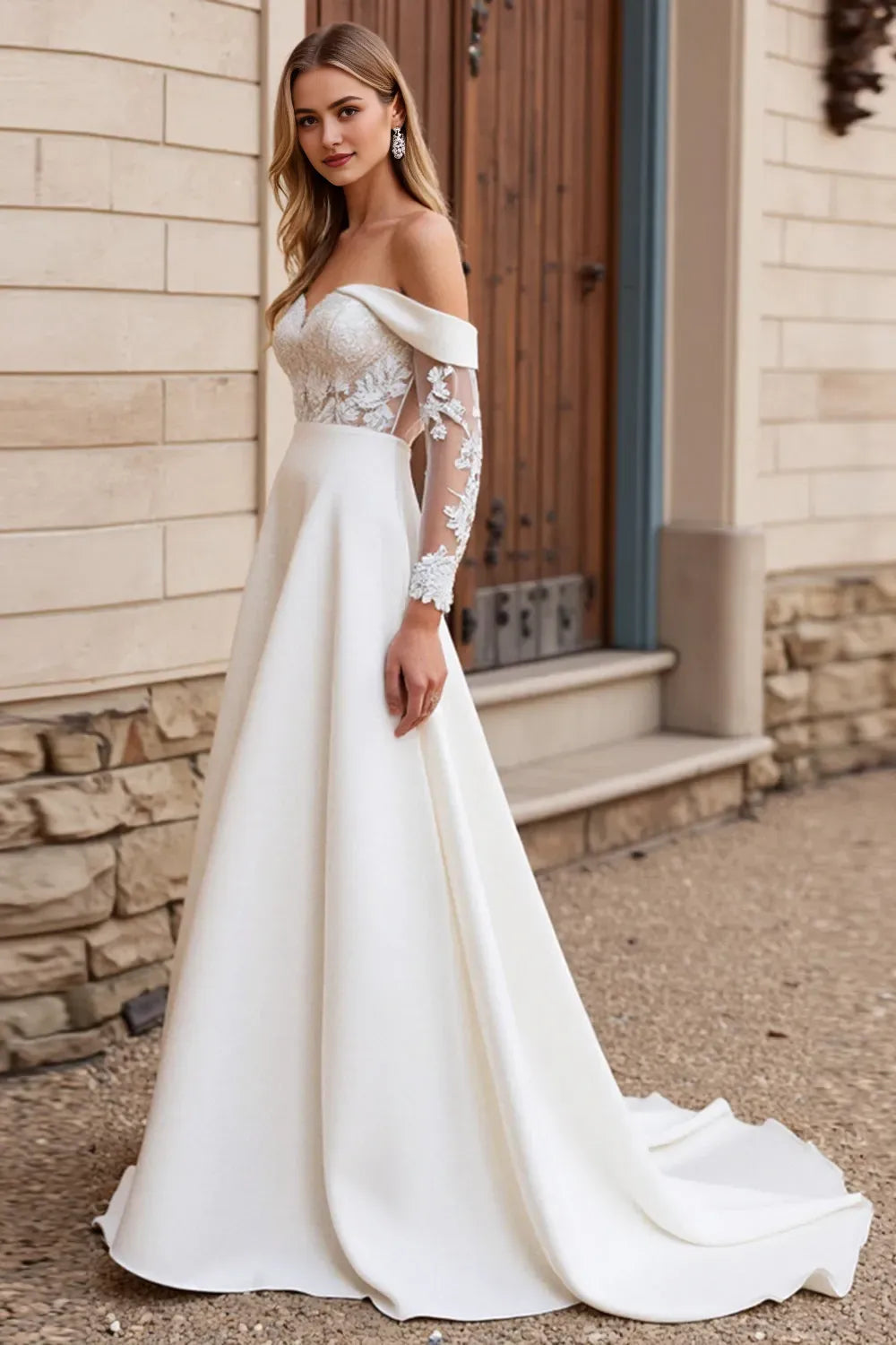 Satin Sweep Train Lace Wedding Dress with Long Sleeves