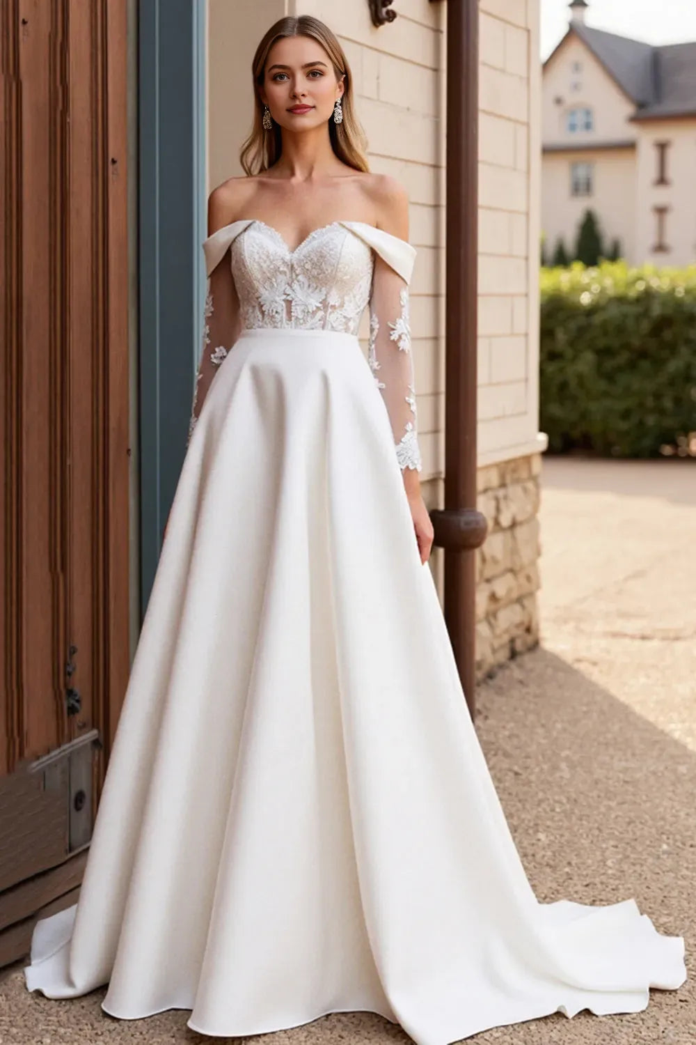 Satin Sweep Train Lace Wedding Dress with Long Sleeves