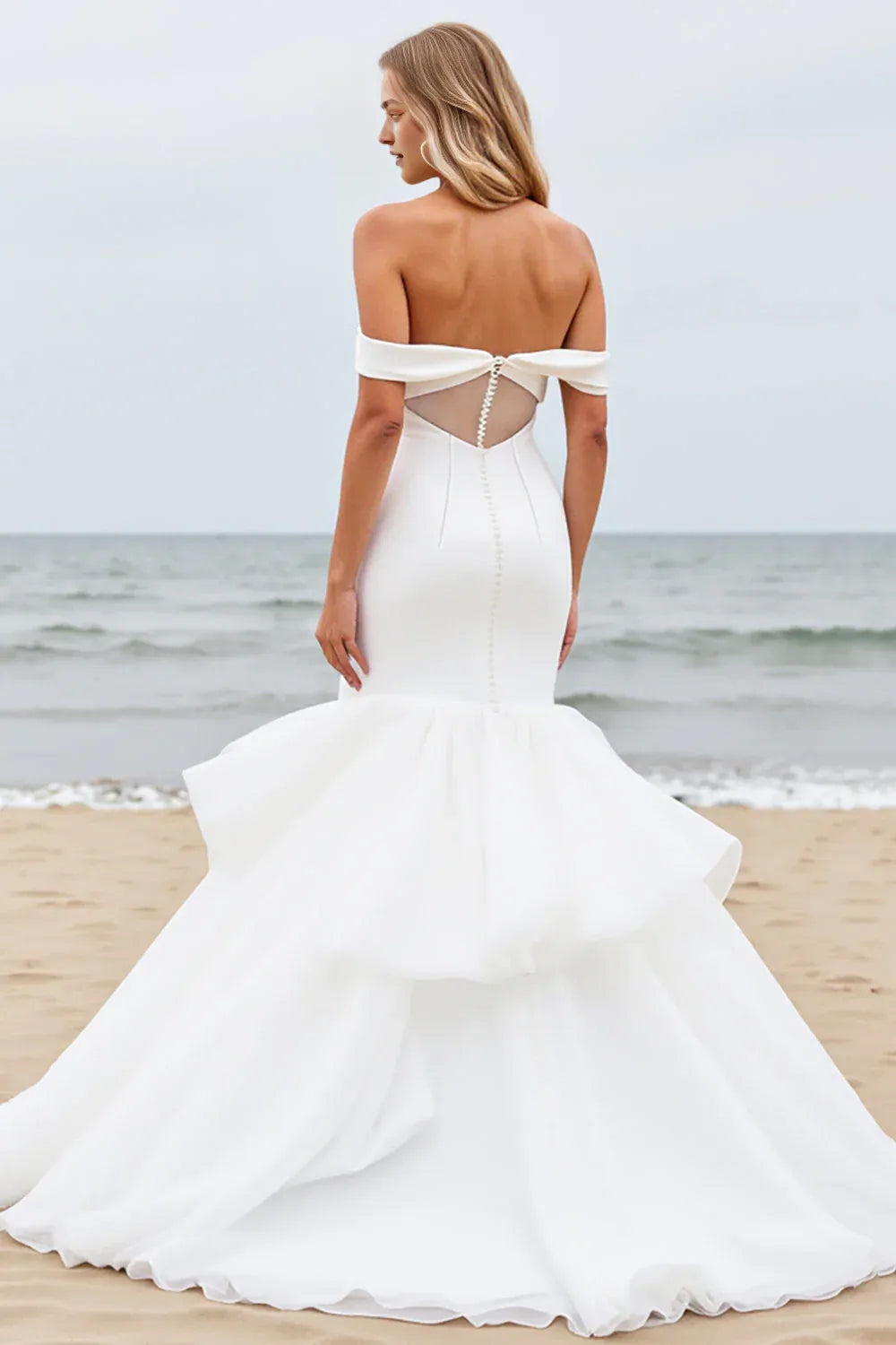 Satin Sweep Train Mermaid Long Wedding Dress with Ruffle