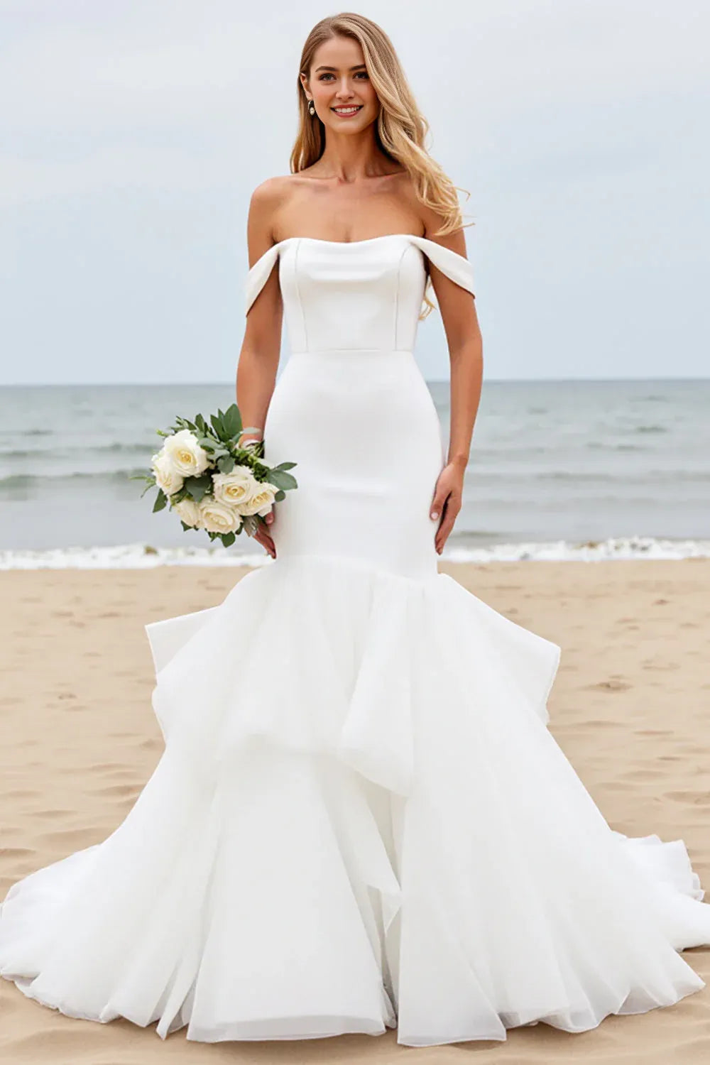 Satin Sweep Train Mermaid Long Wedding Dress with Ruffle