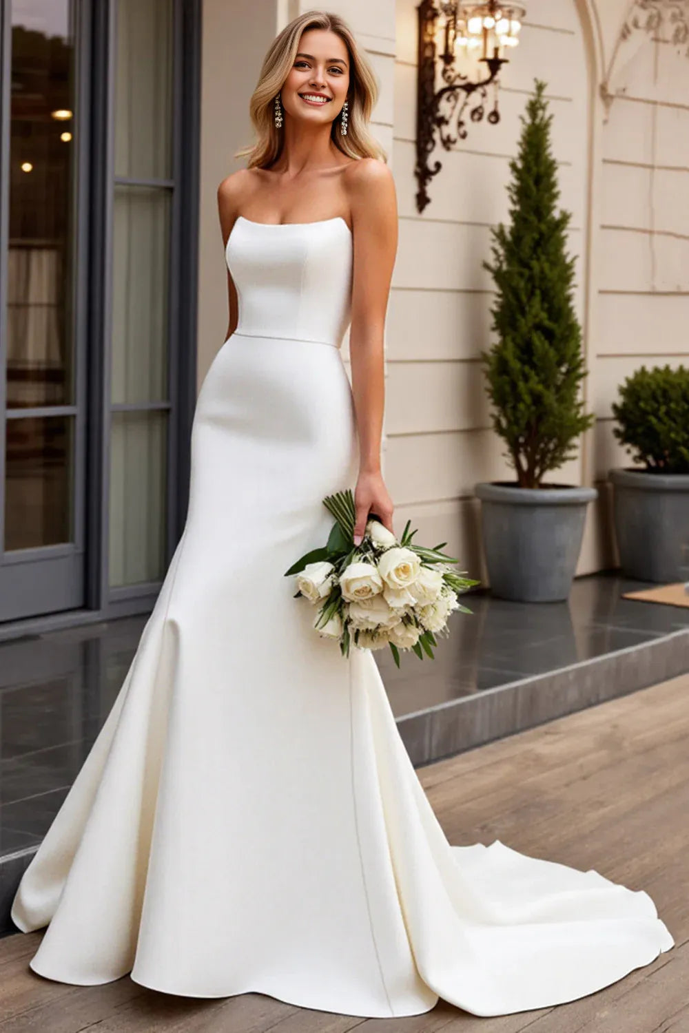 Satin Sweep Train Strapless Mermaid Wedding Dress