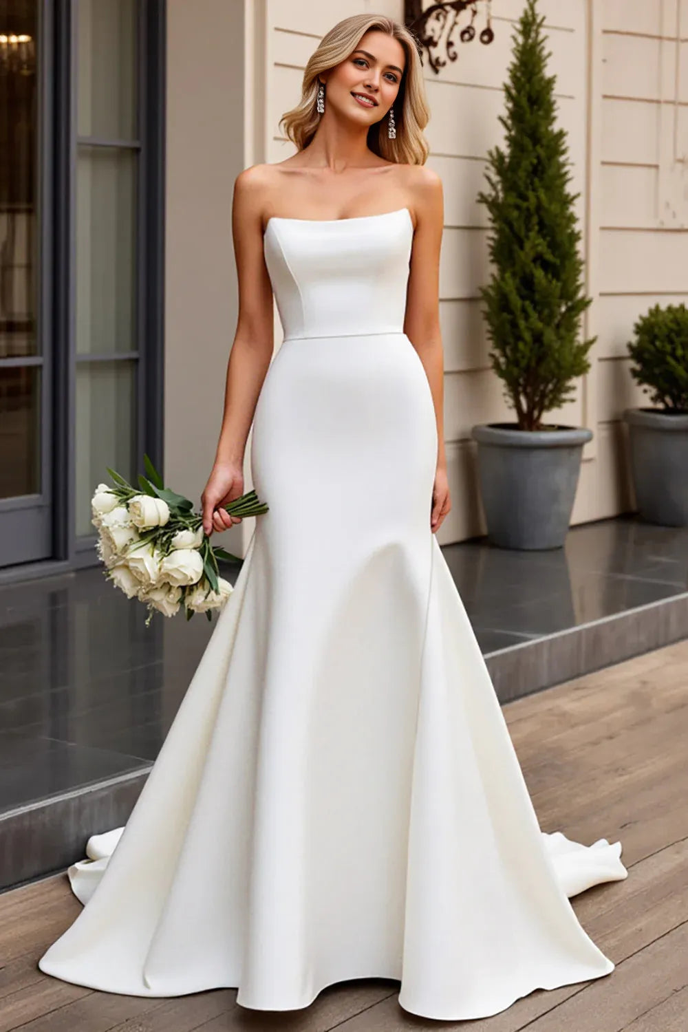 Satin Sweep Train Strapless Mermaid Wedding Dress