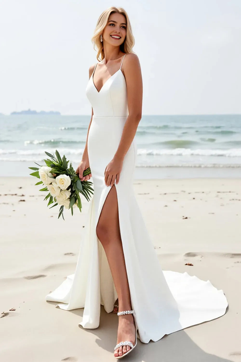 Satin V-Neck Backless Long Wedding Dress with Slit