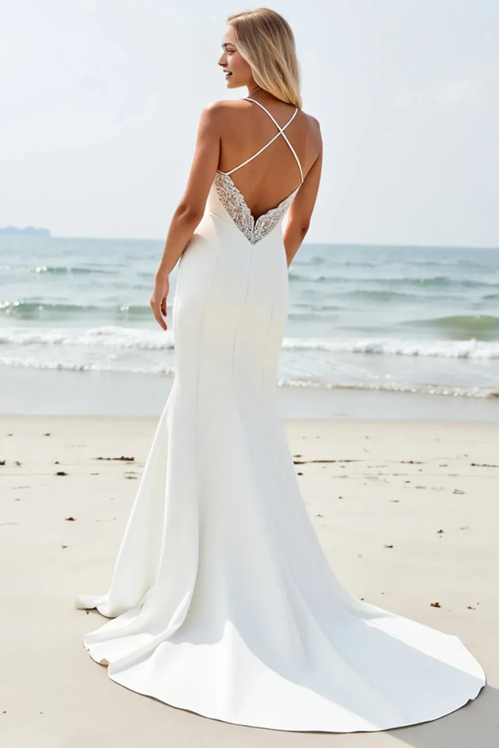 Satin V-Neck Backless Long Wedding Dress with Slit