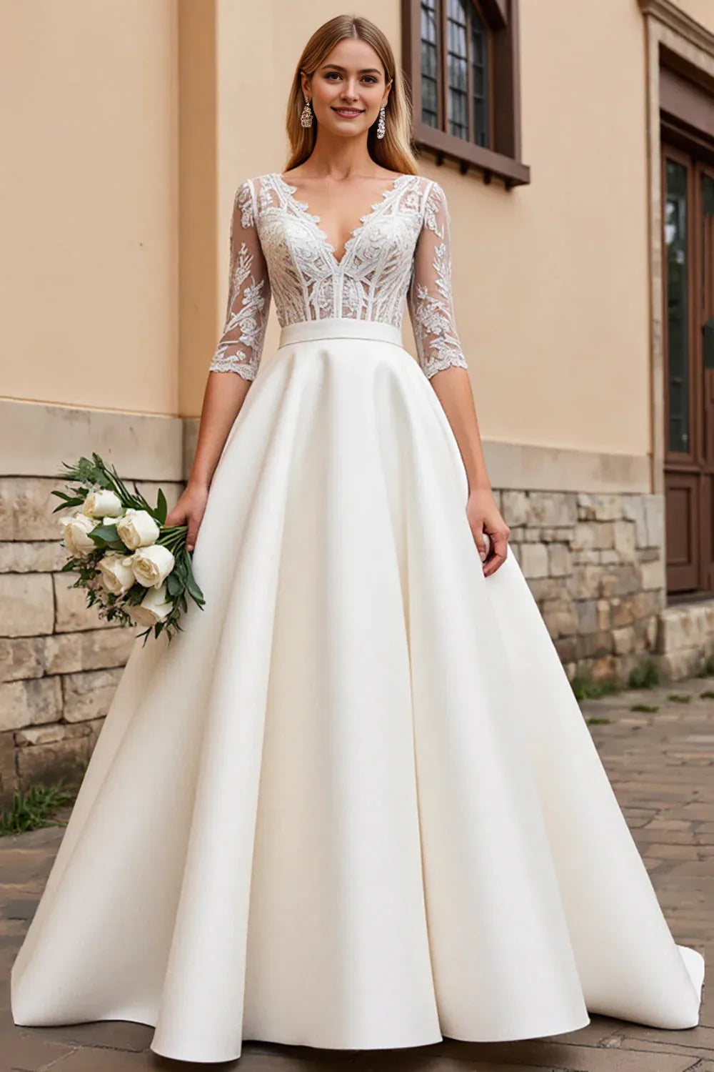 Satin V Neck A Line Wedding Dress with Long Sleeves ﻿