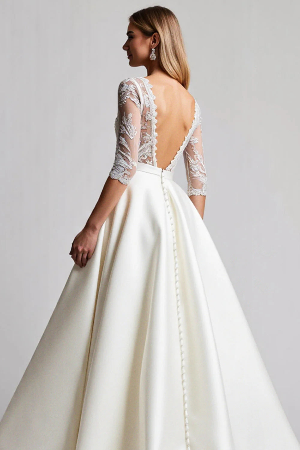 Satin V Neck A Line Wedding Dress with Long Sleeves ﻿