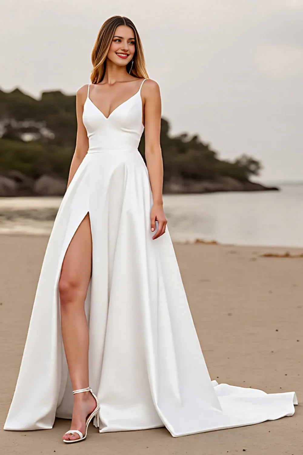 Satin White Spaghetti Straps A Line Sweep Train Wedding Dress with Slit