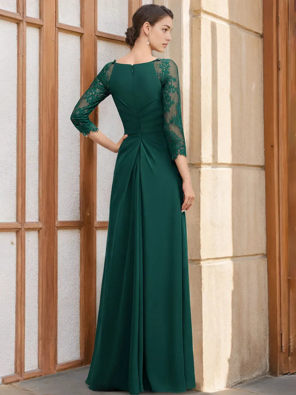 Scoop 3/4 Length Sleeves Floor-Length Sequined Mother of the Bride Dresses with Ruffles Appliques