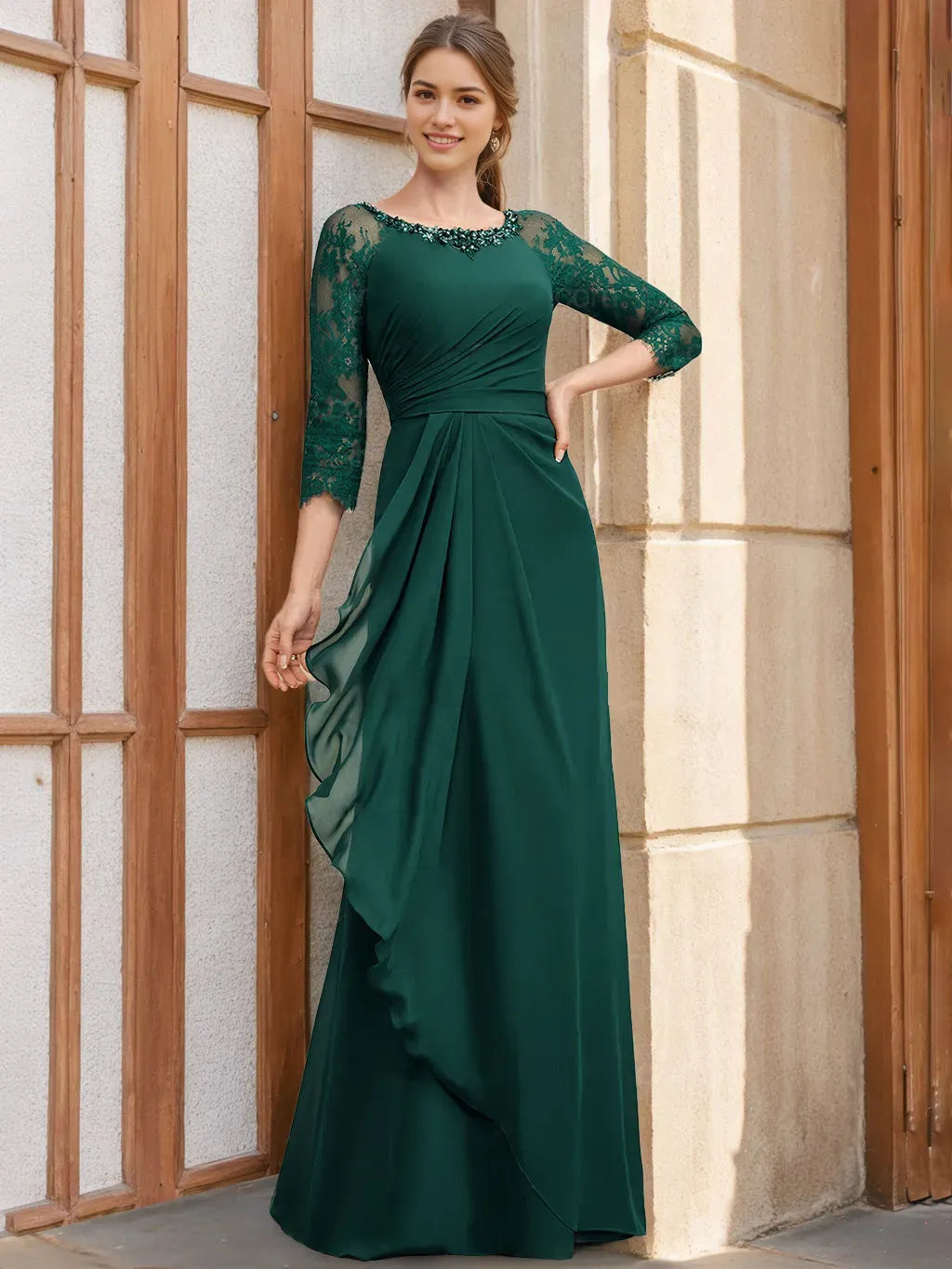 Scoop 3/4 Length Sleeves Floor-Length Sequined Mother of the Bride Dresses with Ruffles Appliques