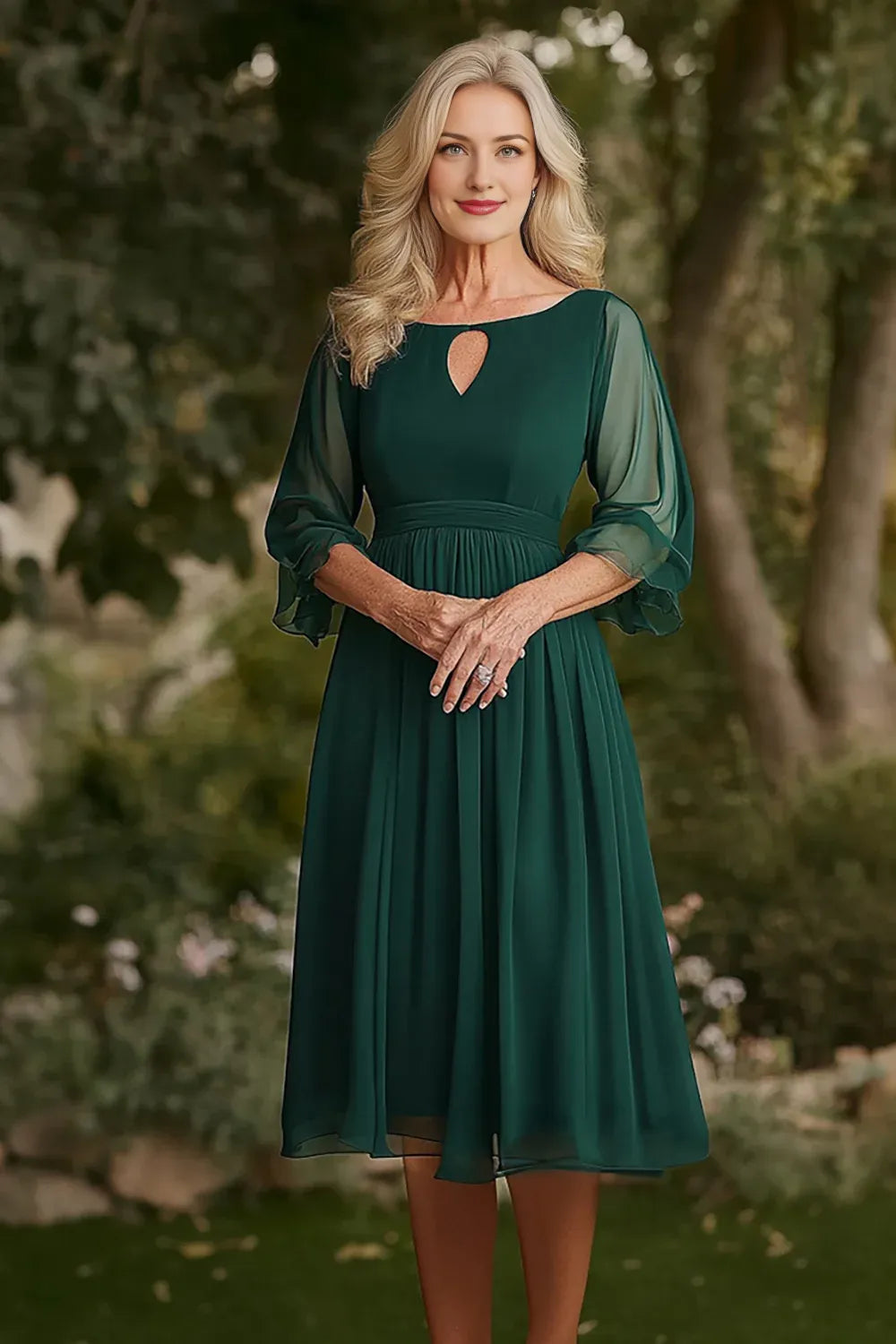 Scoop Dark Green Ruched Knee-Length Mother of the Bride Dress
