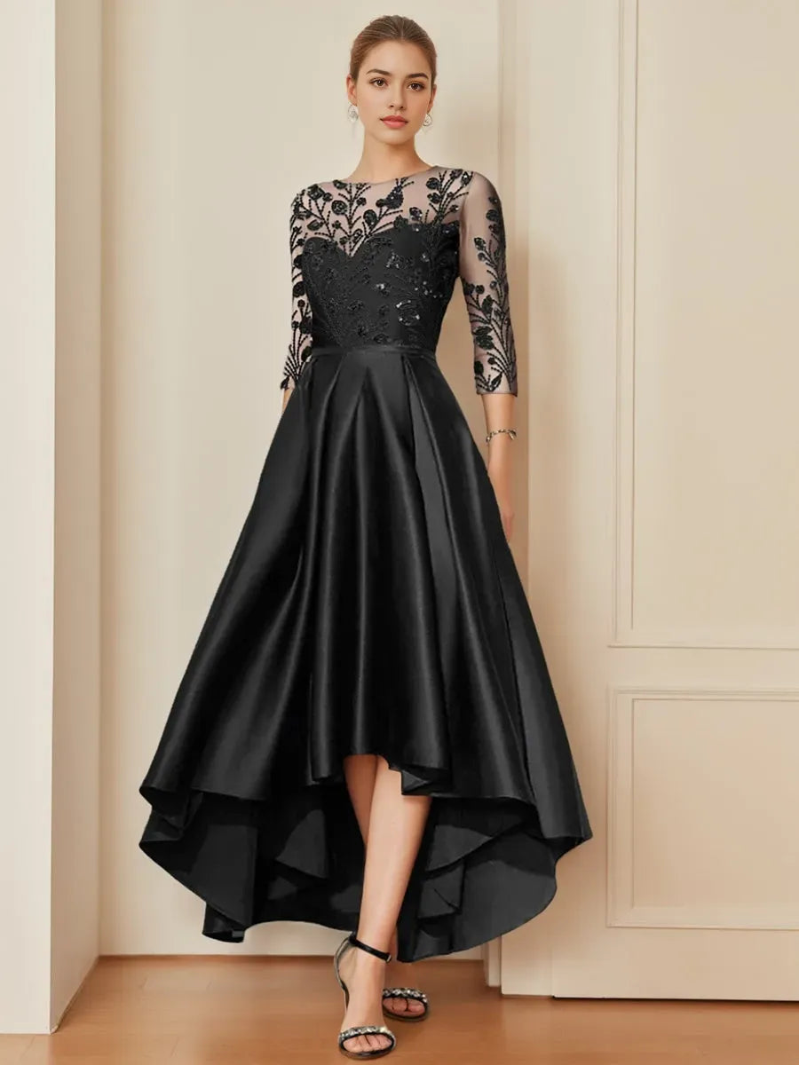 Scoop Neck 3/4 Sleeves Asymmetrical Mother of the Bride Dresses with Appliques