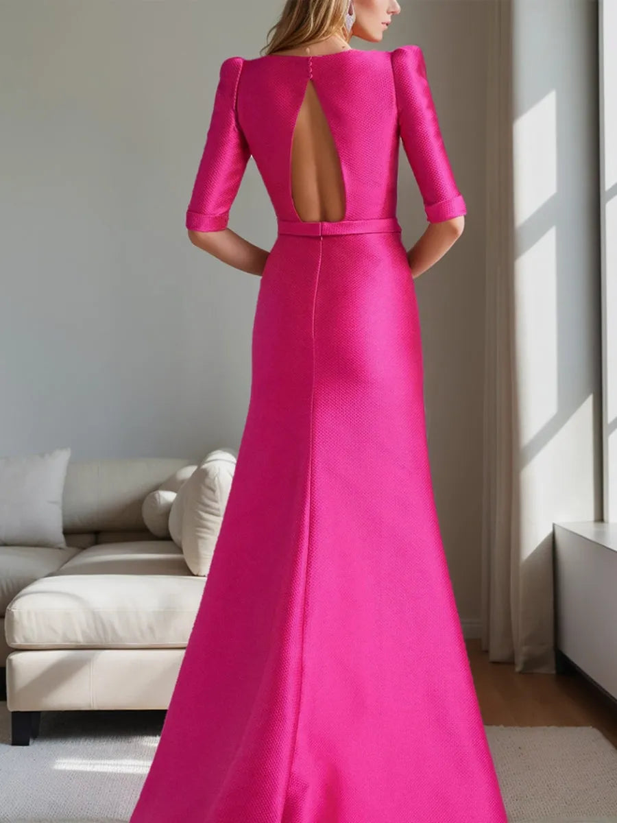 Scoop Neck Half Sleeves Mother of the Bride Dresses with Bow Belt