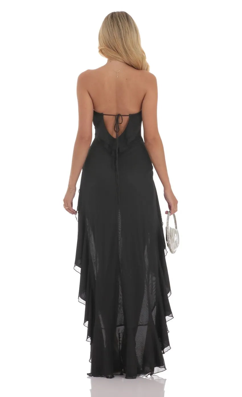 Seductive Black Strapless Prom Dresses Ruffled Asymmetric High Low Slit Form  Fitting Design and Alluring Appeal Perfect