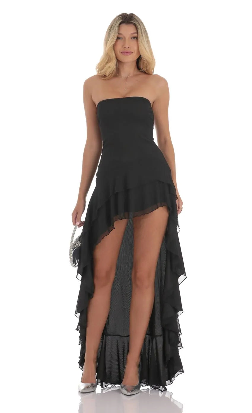 Seductive Black Strapless Prom Dresses Ruffled Asymmetric High Low Slit Form  Fitting Design and Alluring Appeal Perfect