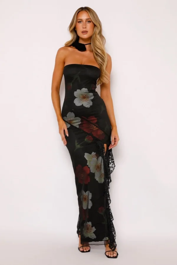 Seductive Bodycon Strapless Sleeveless Floral Black Maxi Prom Dress