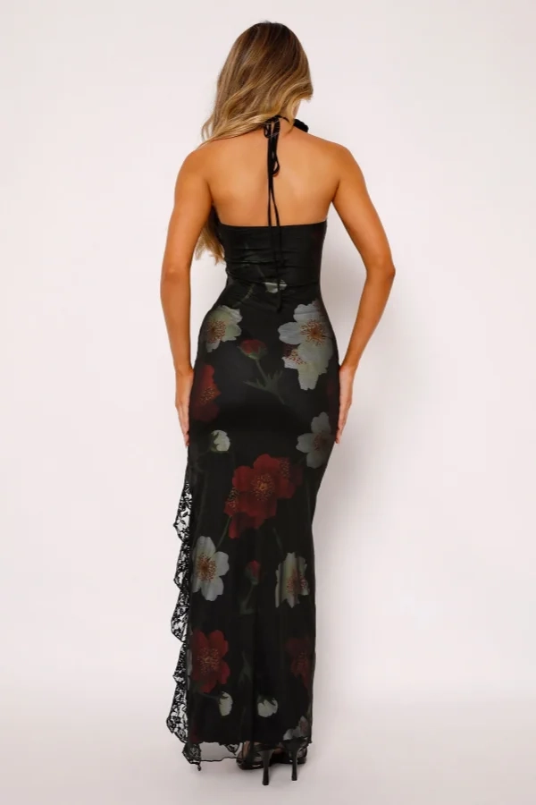 Seductive Bodycon Strapless Sleeveless Floral Black Maxi Prom Dress