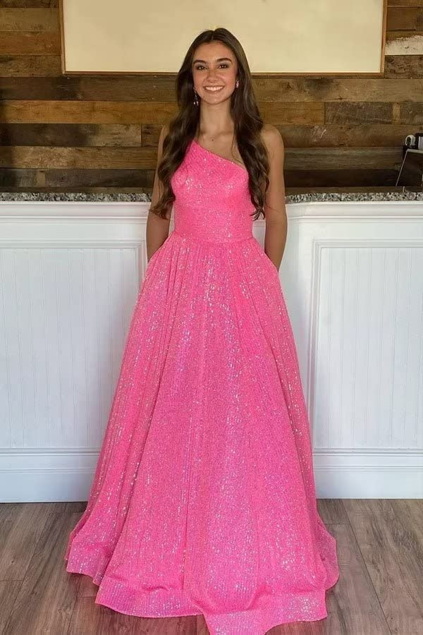 DingJiDress  A Line One Shoulder Long Prom Dresses with Pockets Sequin Sparkly