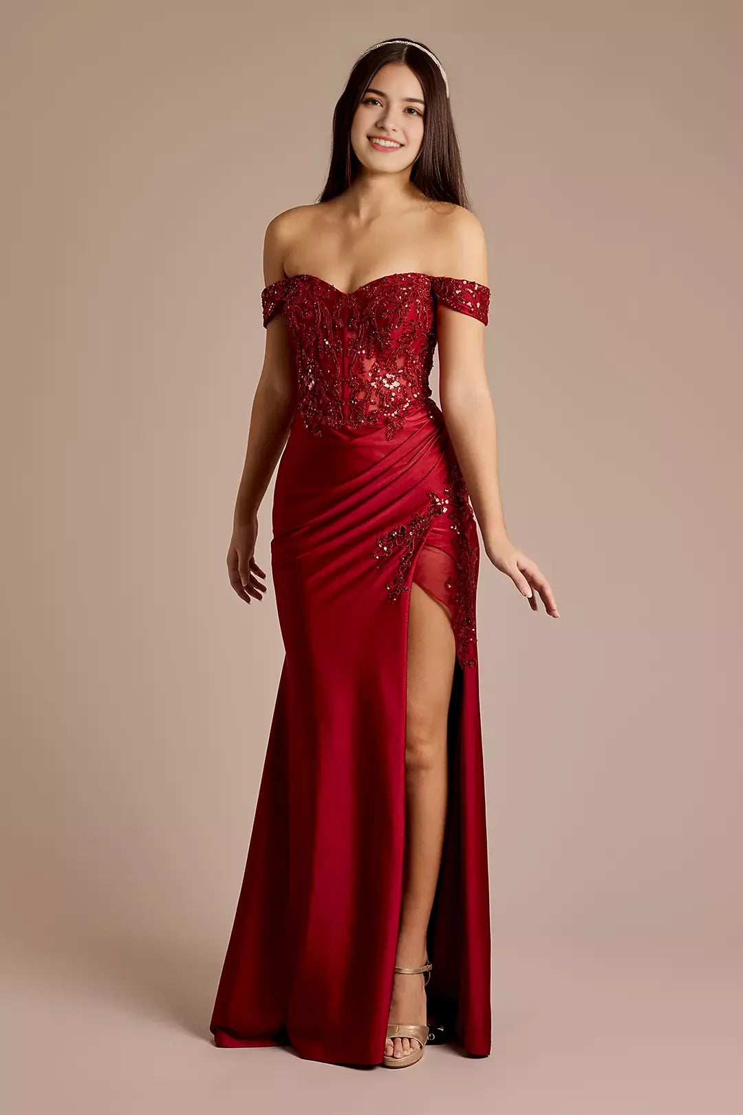 Sequin Applique Satin Off-Shoulder prom-dresses