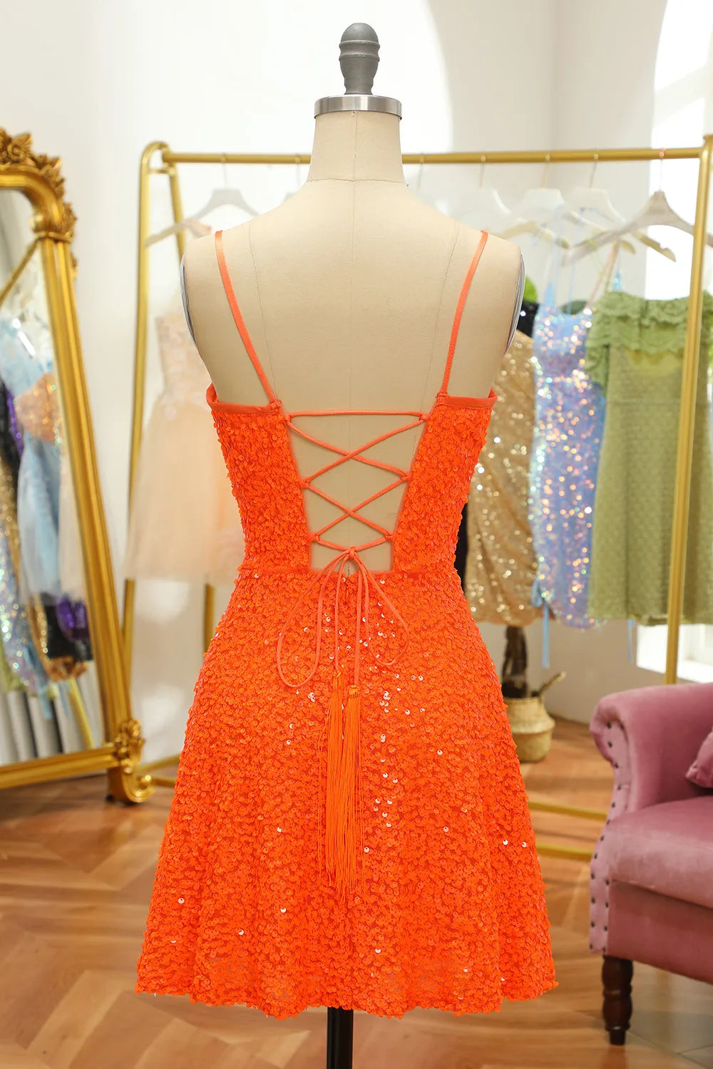 Sequined Orange Lace-Up Homecoming Dress ﻿