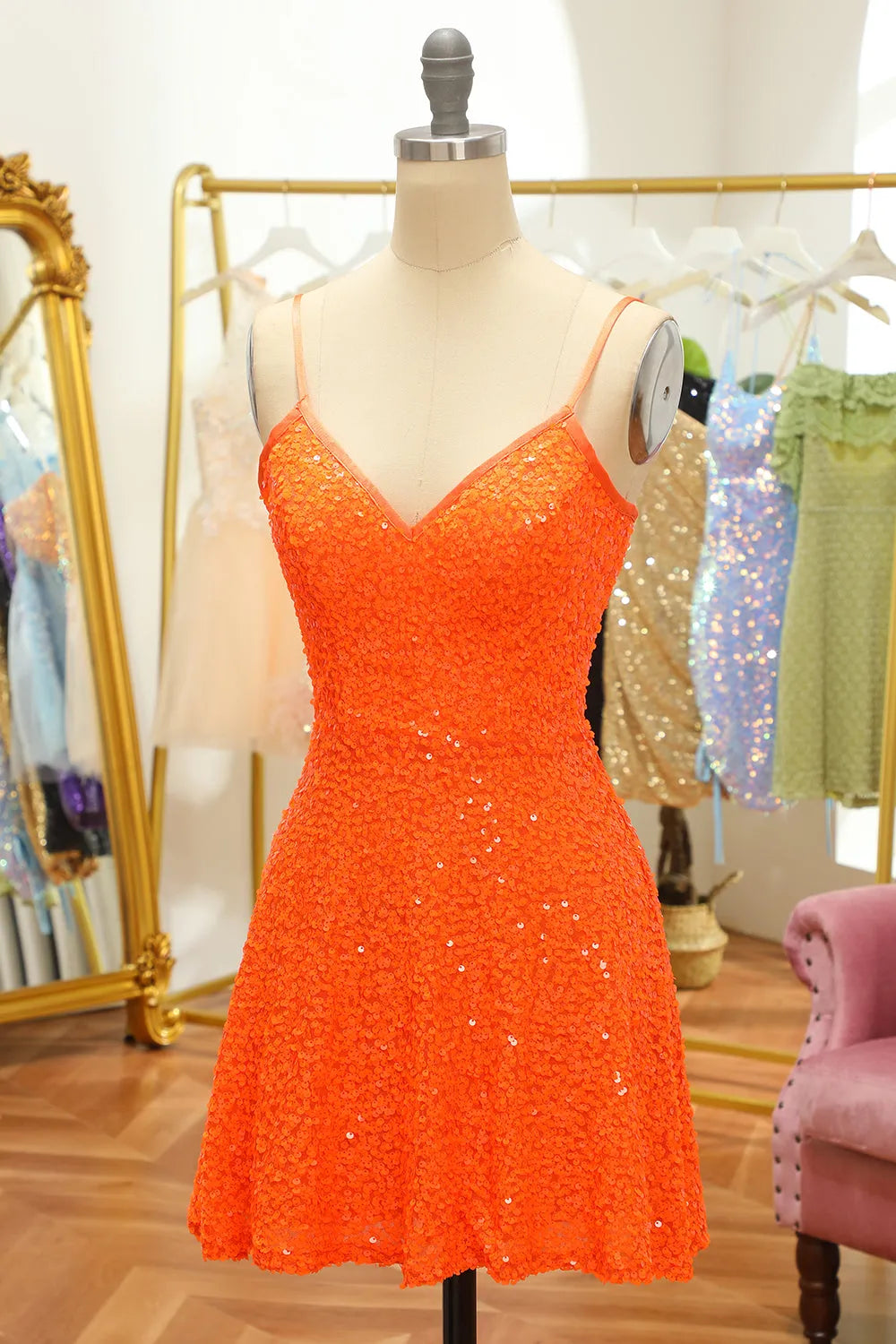 Sequined Orange Lace-Up Homecoming Dress ﻿