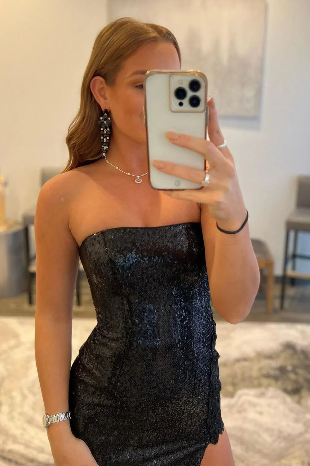 DingJiDress Mermaid Strapless Sequins With Slit Sweep Train Prom Dresses