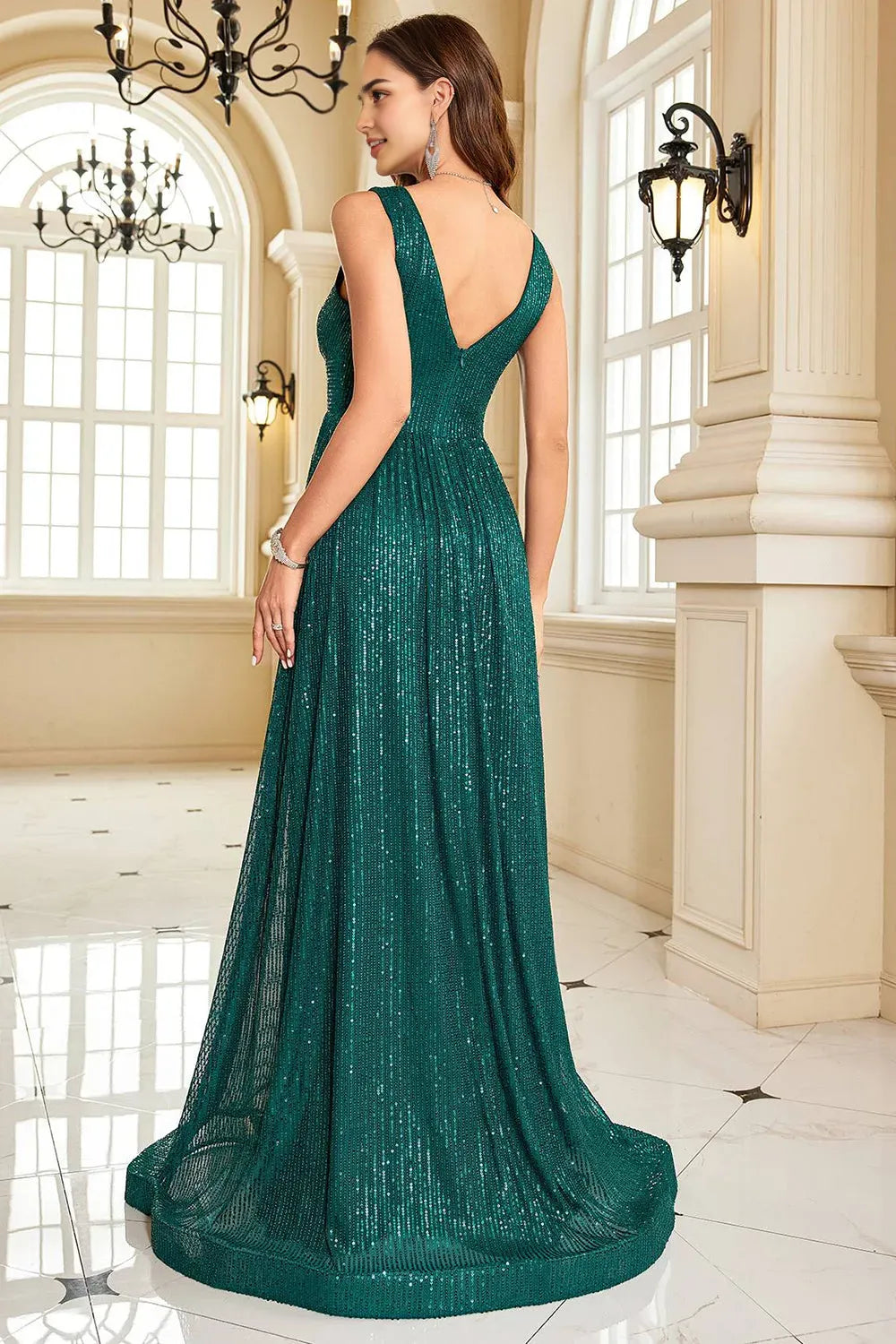 Sequins A Line V-neck Dark Green Evening Dresses