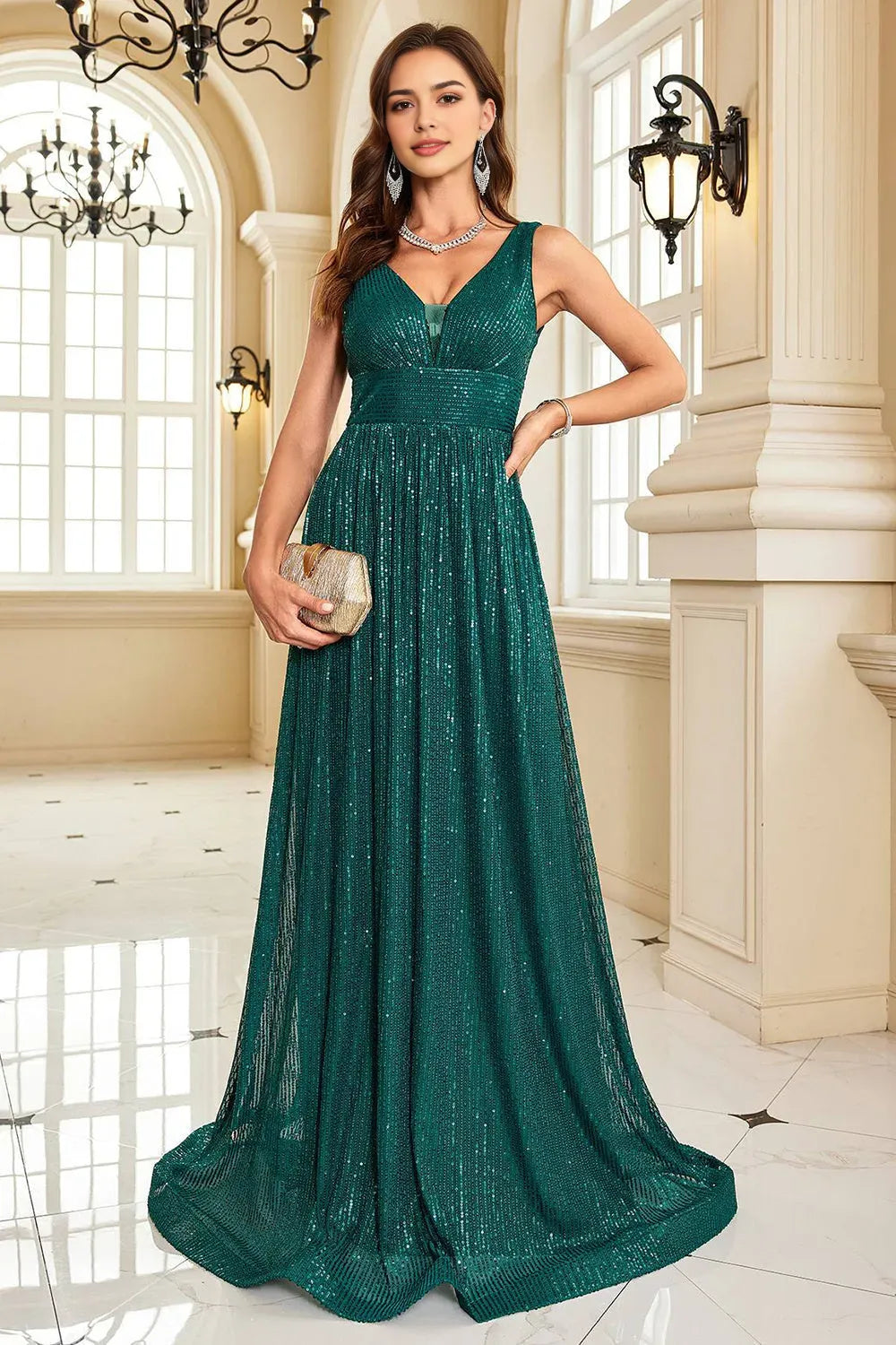 Sequins A Line V-neck Dark Green Evening Dresses