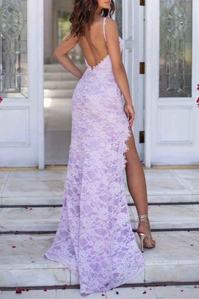 DingJiDress Prom Dresses Sexy Open Back Spaghetti Straps Mermaid Lace