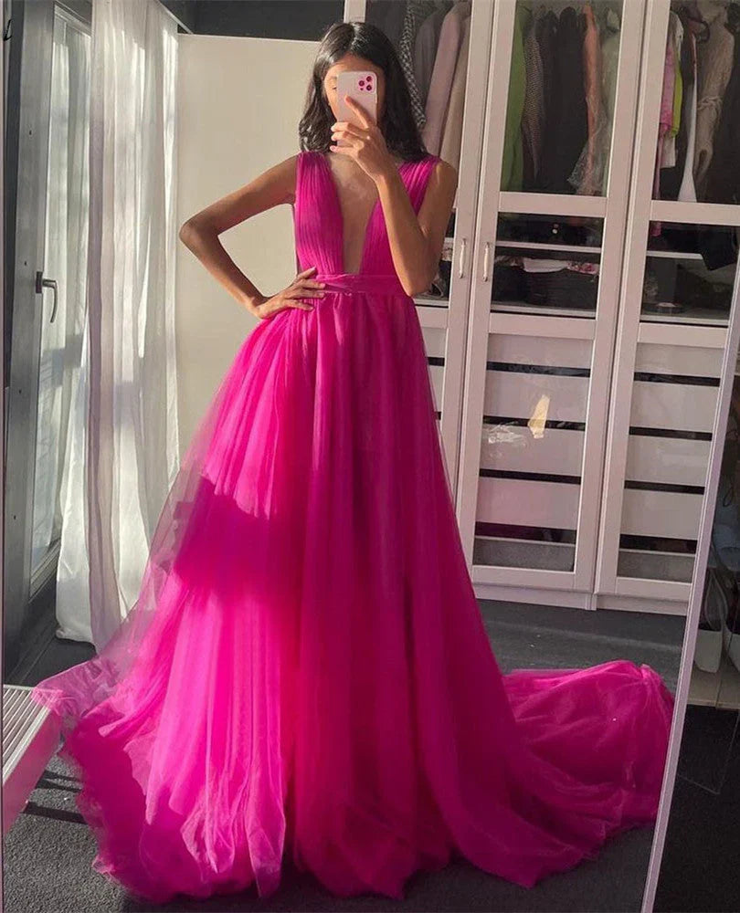 DingJiDress Prom Dress Sexy Sweep Train V Neck Tulle