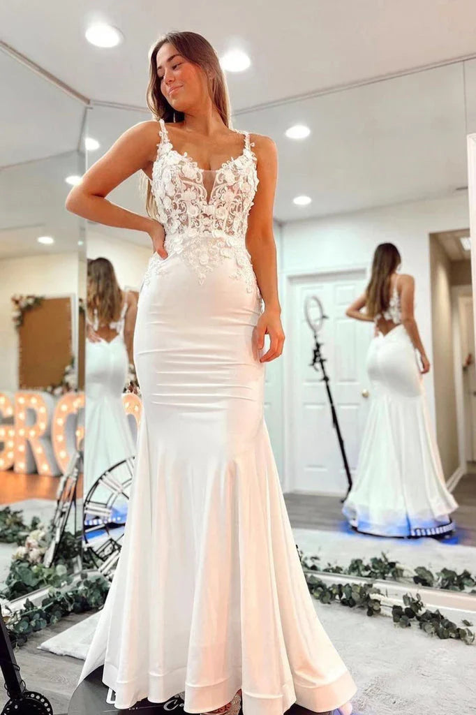 DingJiDress Long Prom Dresses Sexy V-neck Lace Appliques Open Back Custom Made