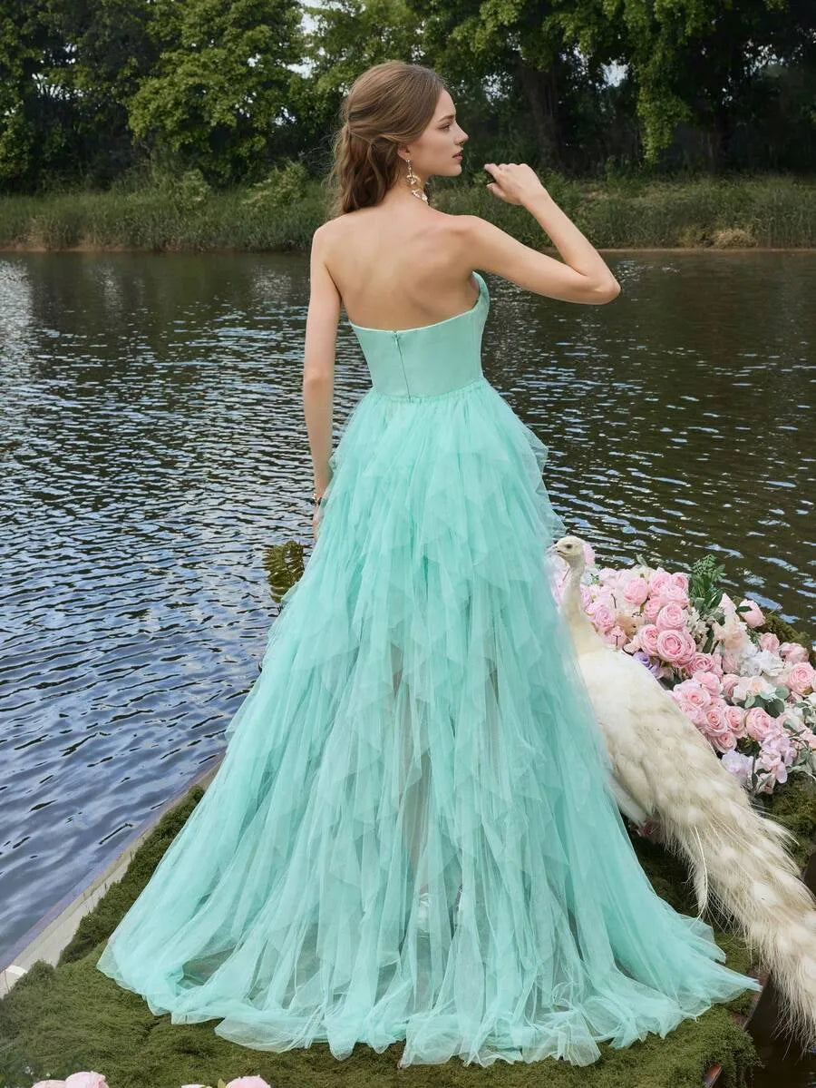 Sexy A-Line Strapless Sleeveless Back Zip Floor-Length Lace Bodice Tiered Ruffled Tulle Prom  Dress