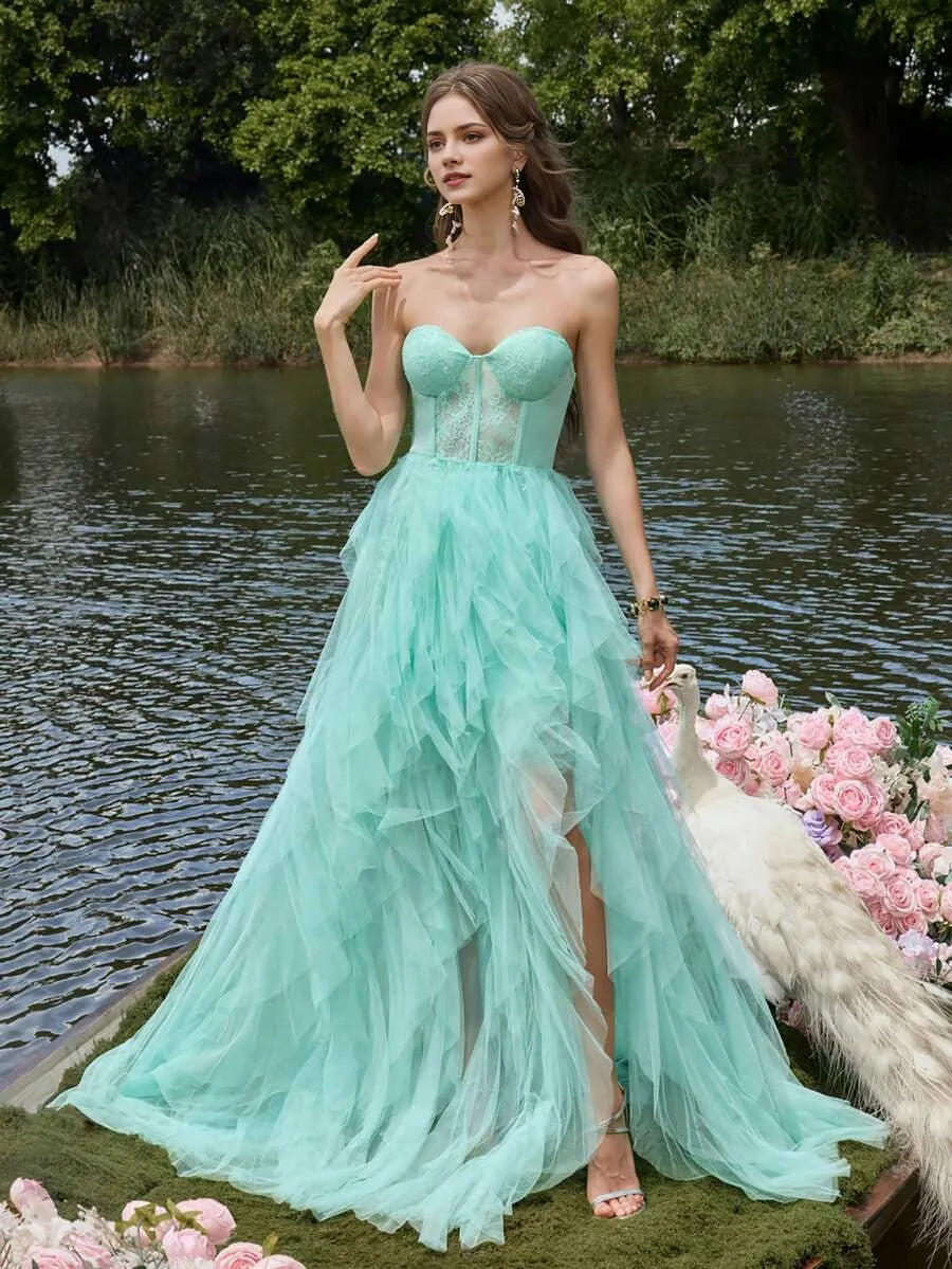 Sexy A-Line Strapless Sleeveless Back Zip Floor-Length Lace Bodice Tiered Ruffled Tulle Prom  Dress