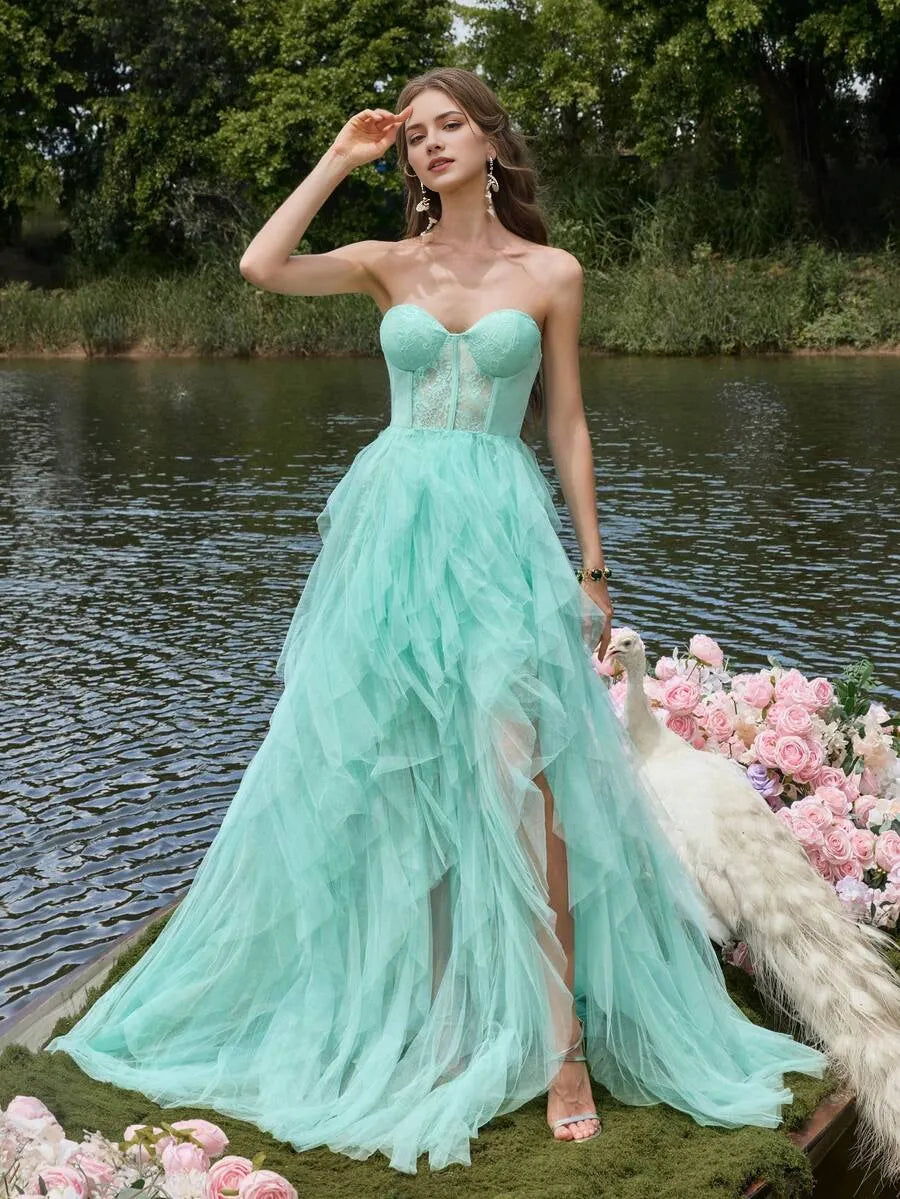 Sexy A-Line Strapless Sleeveless Back Zip Floor-Length Lace Bodice Tiered Ruffled Tulle Prom  Dress