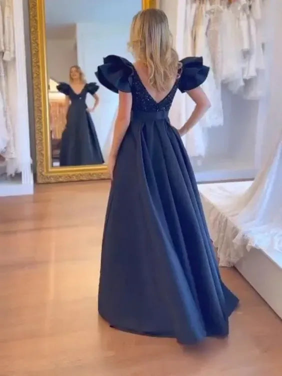 Sexy A line Long Navy Blue Prom Dress Party Dress