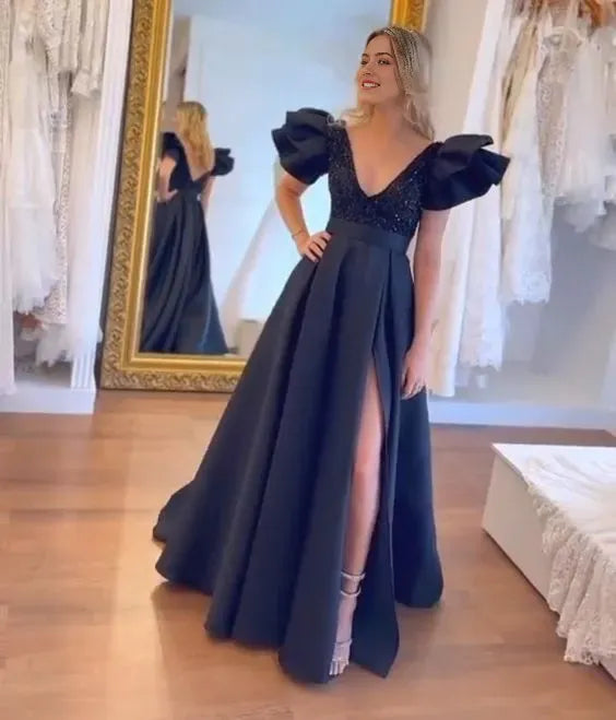 Sexy A line Long Navy Blue Prom Dress Party Dress