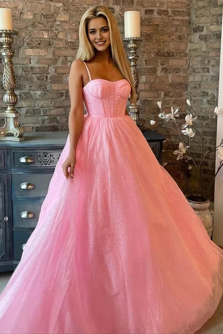 Sexy A line Spaghetti Straps Sleeveless Party Dress Pink Prom Dress