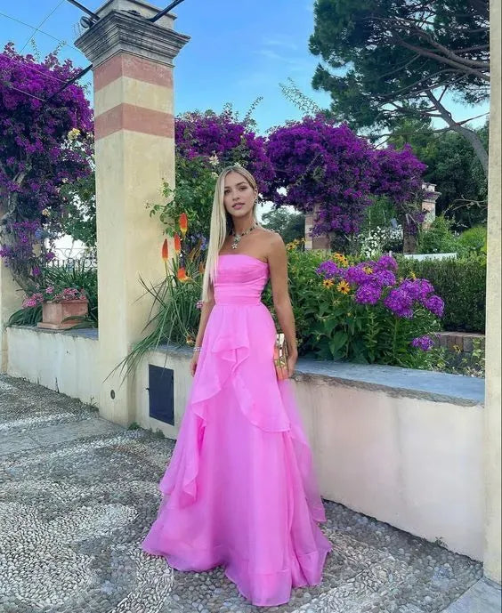 Sexy A line Strapless Sleeveless Party Dress Pink Prom Dress