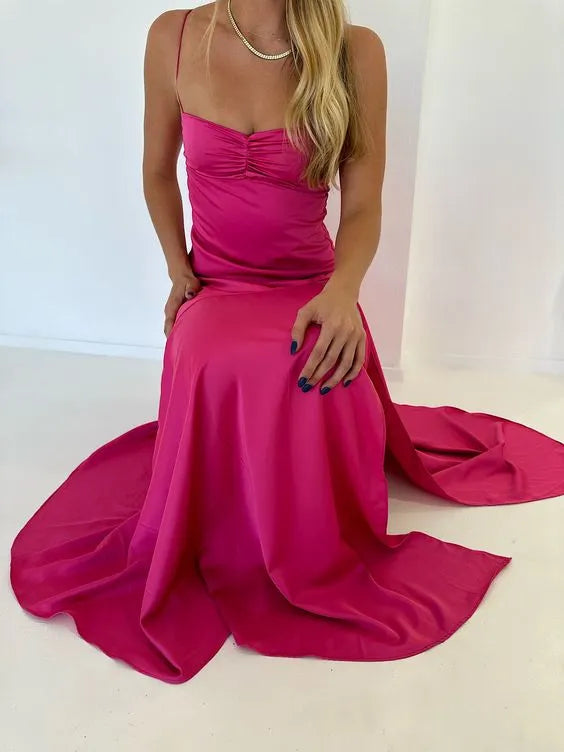 Sexy A line Straps Sleeveless Party Dress Hot Pink Side Slit Prom Dress