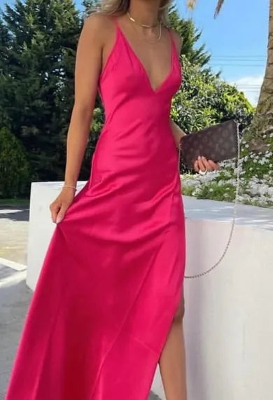 Sexy A line V neckline Sleeveless Party Dress Hot Pink Prom Dress